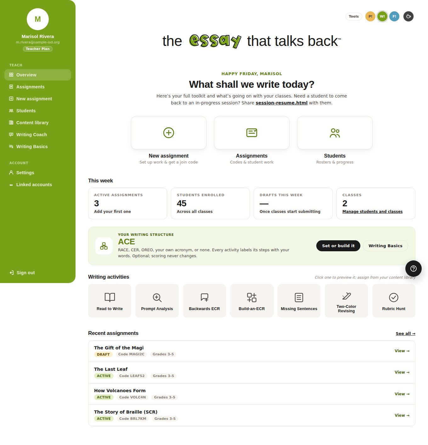 WRITE it! teacher dashboard for Ms. Rivera: sidebar with Overview, Assignments, New assignment, Students, Content library, Writing Coach and Writing Basics; cards for New assignment, Assignments and Students; weekly stats showing 3 active assignments, 45 students enrolled and 2 classes; a row of seven writing activities; and a recent assignments list with join codes.