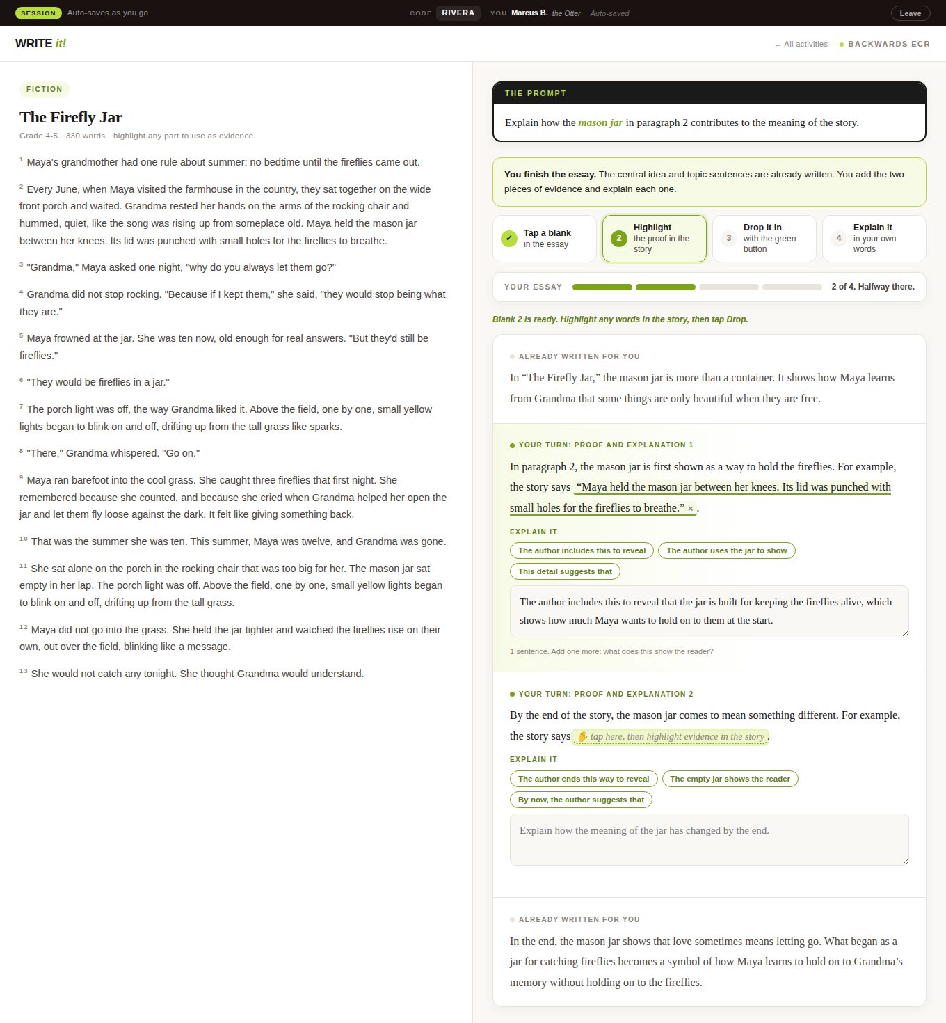 Backwards ECR activity with The Firefly Jar passage on the left and, on the right, the prompt, a four-move guide, a progress bar reading 2 of 4, an essay frame with the first evidence quote dropped in and a one-sentence explanation typed, and a second blank waiting for evidence.