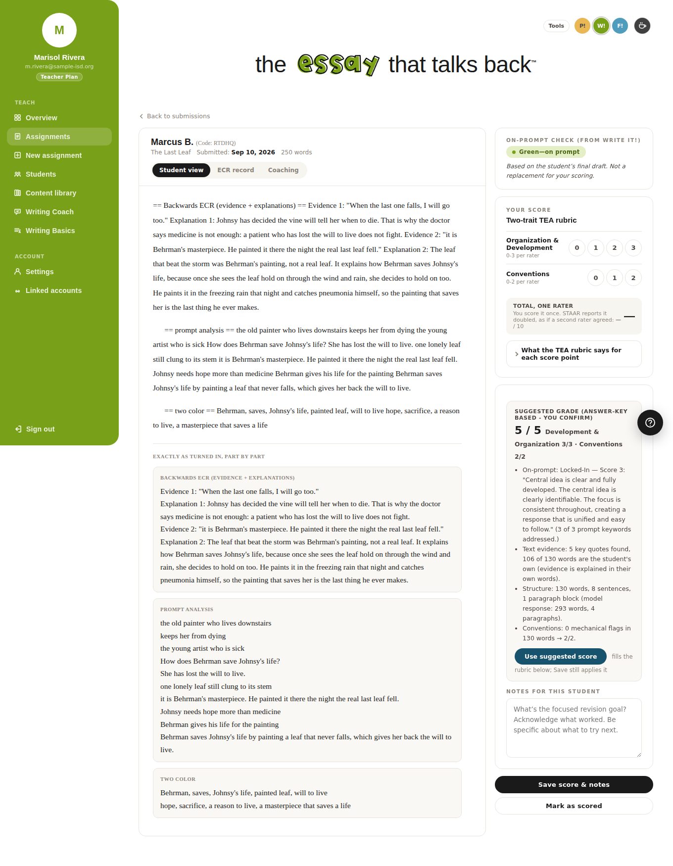 Submission detail for Marcus B.: the turned-in response on the left broken into Backwards ECR, prompt analysis and two color parts; on the right an on-prompt check reading Green, a two-trait TEA rubric scorer, a suggested grade of 5 out of 5 with Development and Organization 3 of 3 and Conventions 2 of 2 and a bulleted rationale, a Use suggested score button, and a notes box for the student.